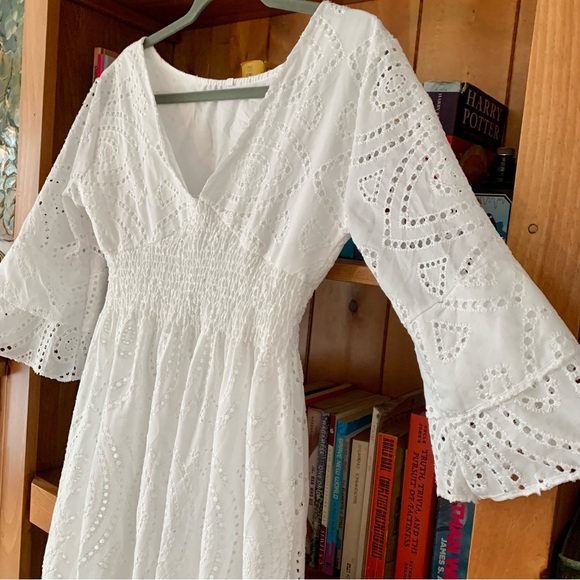 White Cotten Ruffled Embroidered Eyelet Summer Dress - Picture 3 of 4